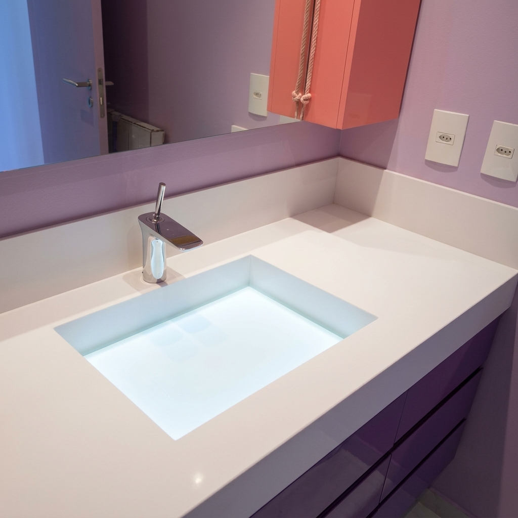 Bancada de casa de banho em Corian branco com lavatório integrado